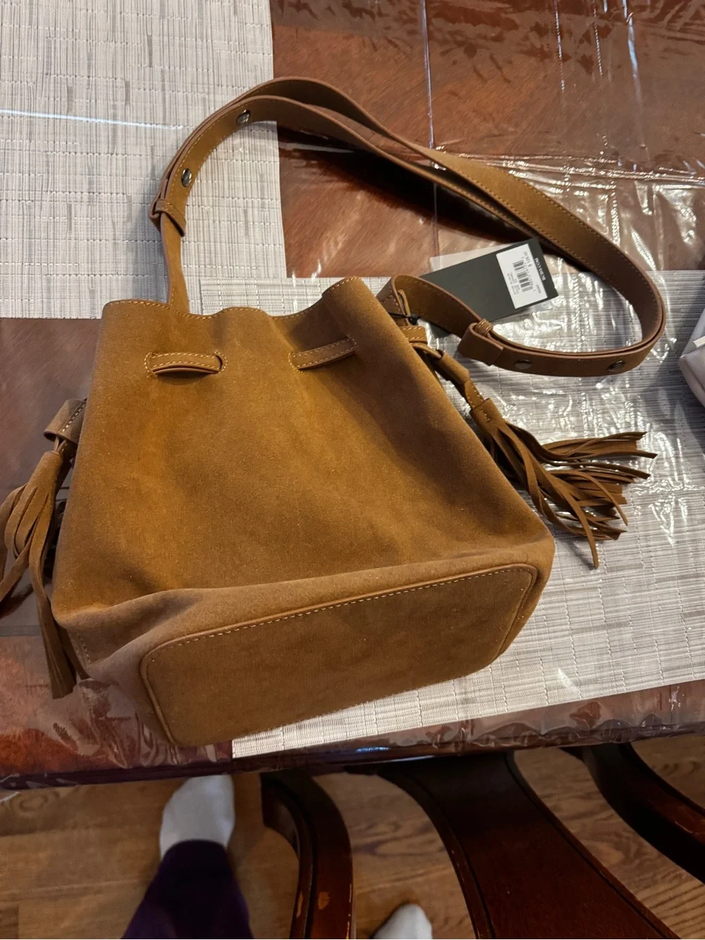 BCBG Suede Fringe Bucket Bag in Cognac Brown